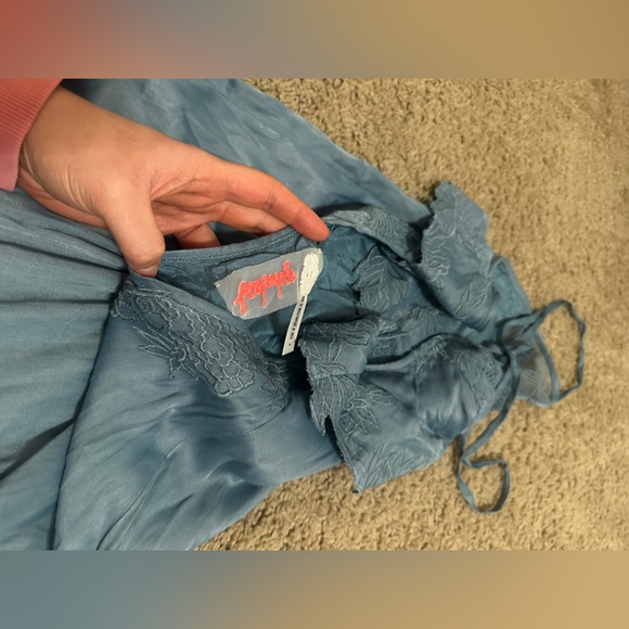 Free People Moon Child Embroidered Maxi Dress Blue Mesh Trim- Size 0 - Picture 9 of 14